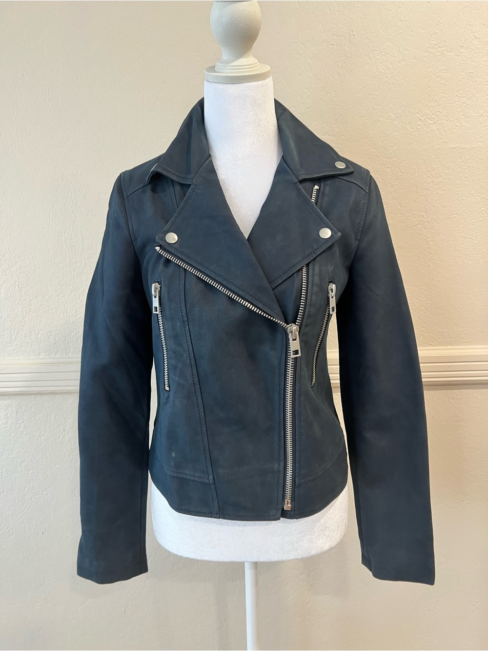 Women's Dark Navy Faux Leather Moto Jacket